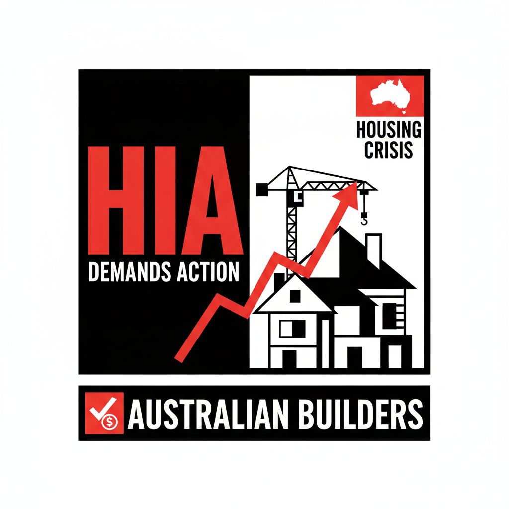 Builders discussing plans on a construction site with a backdrop of new homes, representing Australia's housing crisis and policy challenges.