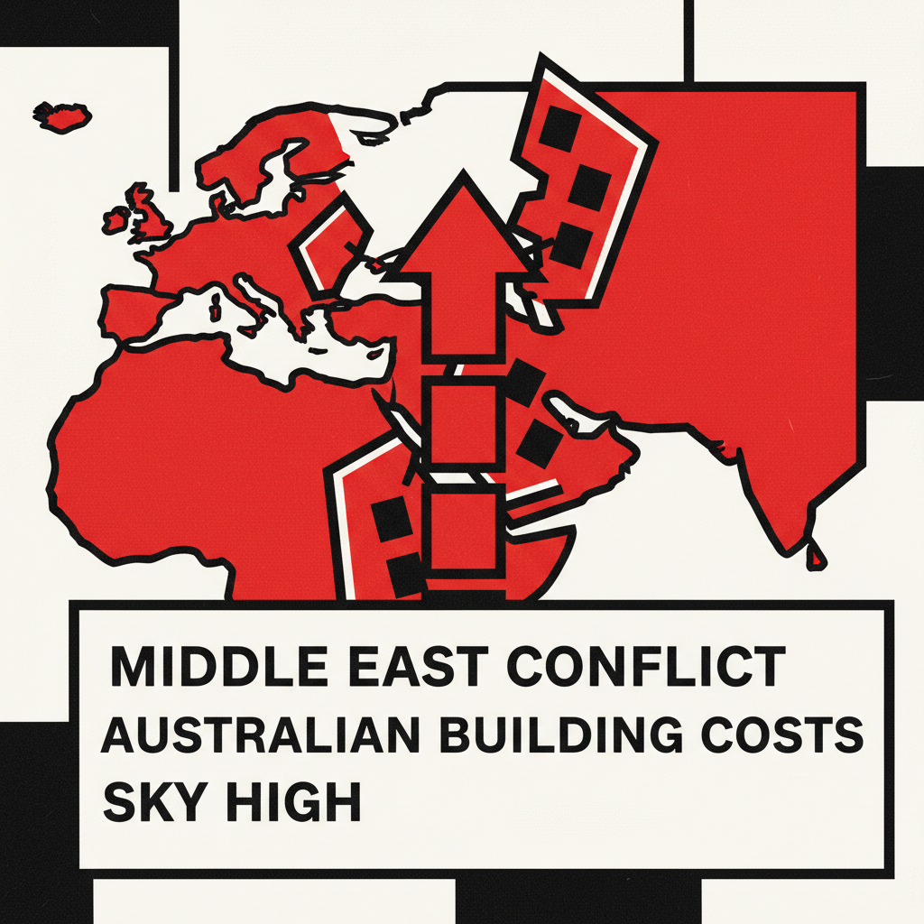 Construction materials like steel, cement bags, and plastic pipes against a backdrop of a map showing the Middle East and Australia, symbolising rising prices and global impact.
