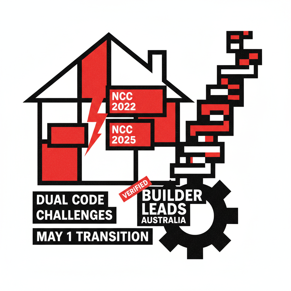 Australian builders discussing NCC 2025 code changes on a construction site with blueprints.