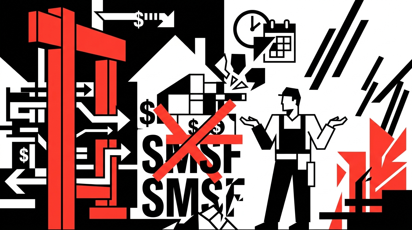 A builder reviewing site plans with a red 'restricted' stamp over SMSF finance documents.